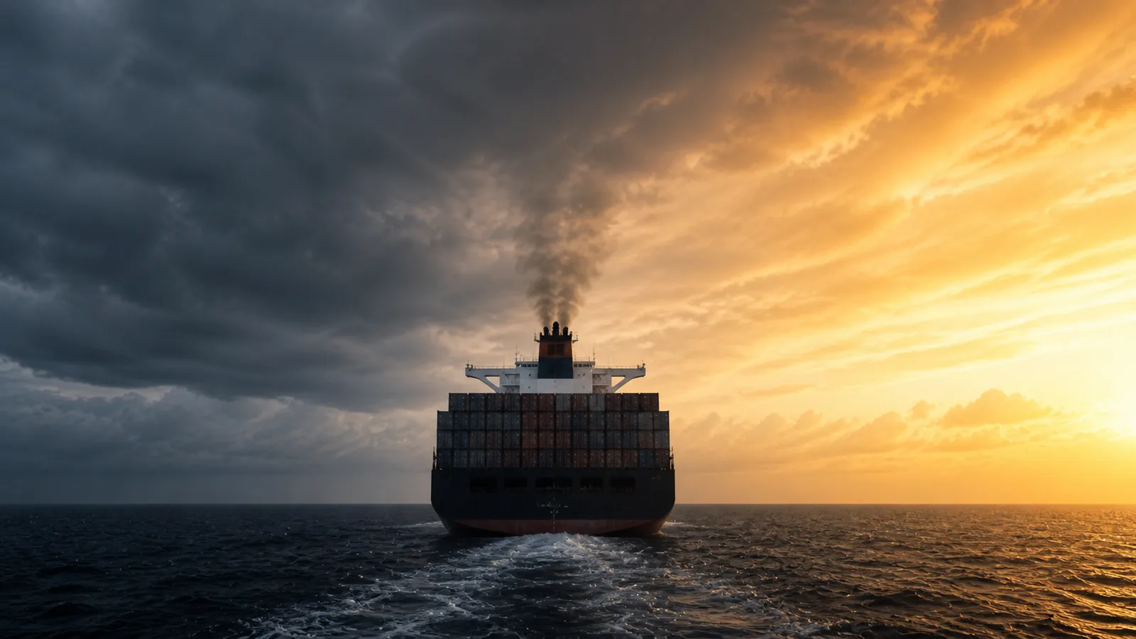 A container ship at sea releasing exhaust against a dramatic sky split between dark clouds and golden light, representing the tension between current emissions and future carbon regulation