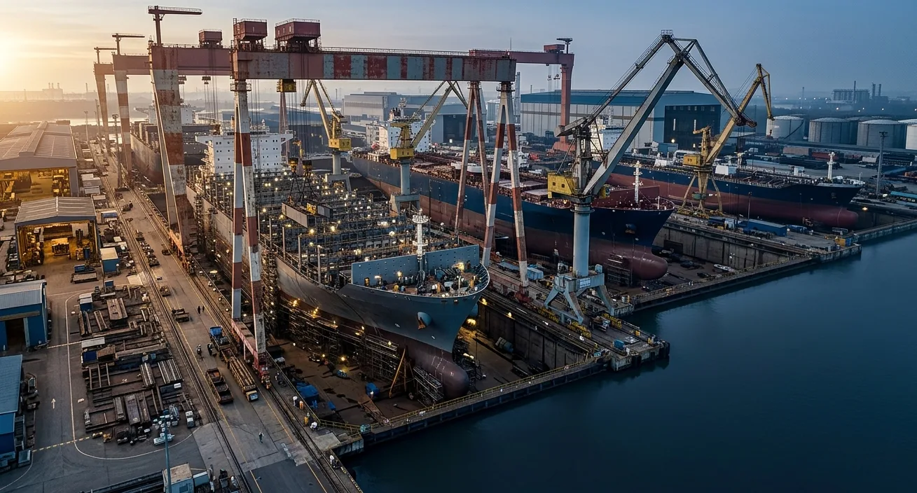 A modern shipyard with multiple vessels under construction — newbuild orderbooks have surged across all segments