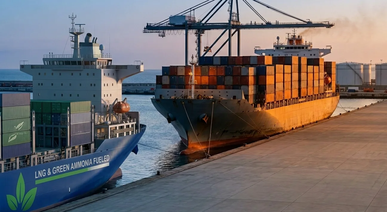 A modern LNG and green ammonia-fueled vessel side by side with a traditional VLSFO bulk carrier — representing the fork in shipping's climate future