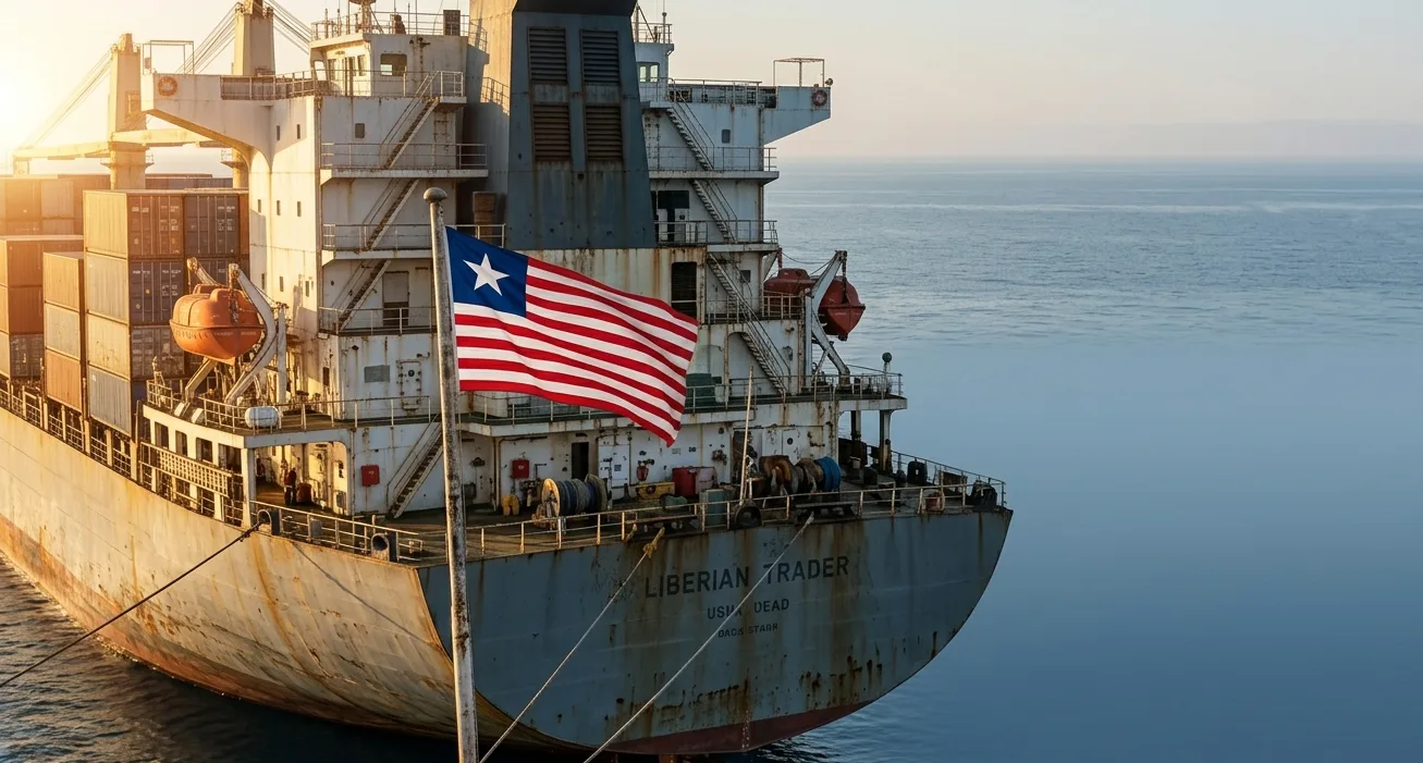 Container ship flying the Liberian flag — Liberia is the world's largest open registry and a key member of the coalition opposing the IMO carbon tax