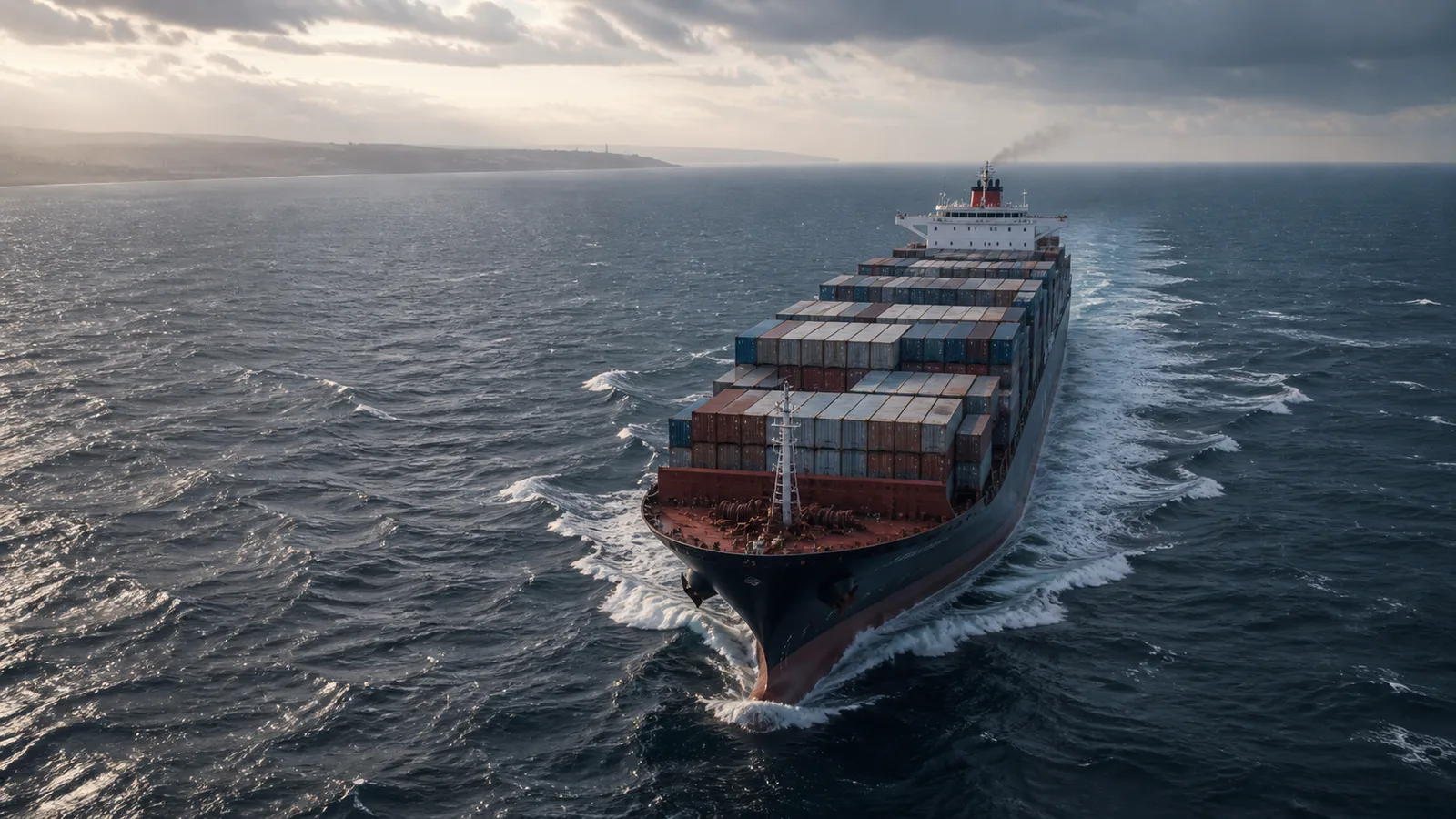 Aerial view of a container ship cutting through the Northeast Atlantic with the European coastline visible on the horizon