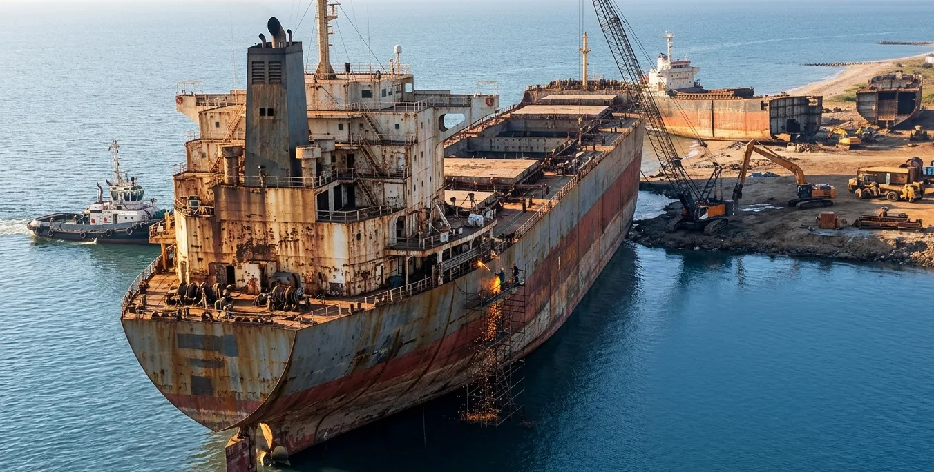 An aged cargo ship being dismantled at a recycling yard — demolition is the slowest signal but the most reliable cycle confirmation