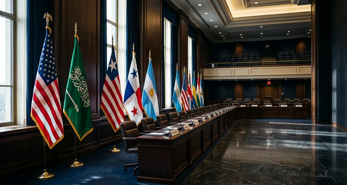 An empty international diplomatic conference hall with flags of the five-nation coalition: US, Saudi Arabia, Liberia, Panama, Argentina