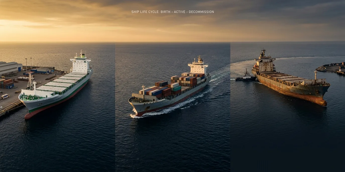 The shipping cycle visualized — newbuild vessels, working ships at sea, and aged vessels heading for demolition